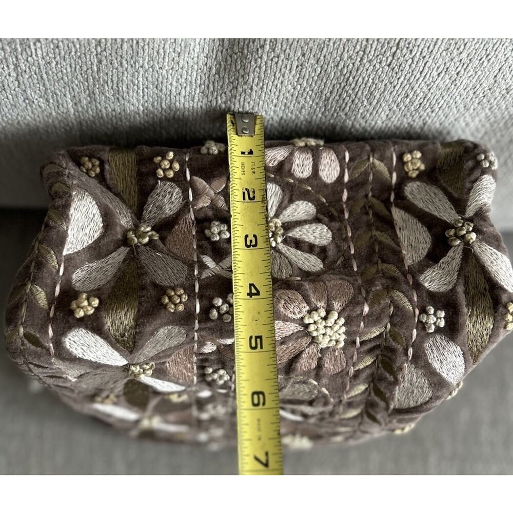 Velvet Bohemian Floral Embroidery Pouch Cosmetic Bag Brown - Picture 3 of 9